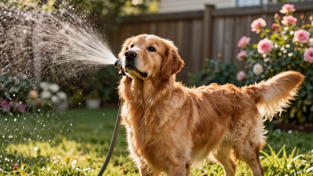 washing dog with garden hose